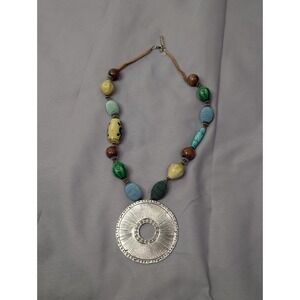 Vintage Robert Rose Statement Necklace Silver Tone  Pendant Green Brown Beads